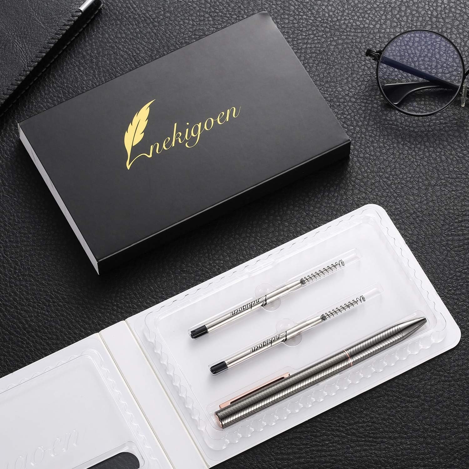 Ballpoint Pen with Gift Box for Men Women,Luxury Stainless Steel Retractable Pen Executive Home Office Use, and 2 Extra Refills Black Ink 1.0mm B2 (Gray)
