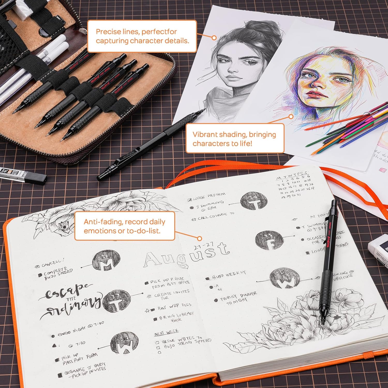 Nicpro 20PCS Black Metal Mechanical Pencil Set in Leather Case, Drafting Pencil 0.3, 0.5, 0.7, 0.9 mm & 2mm Lead Holders, 9 Tube (4B 2B HB 2H Colors) Lead Refills, Erasers For Art Sketching Drawing