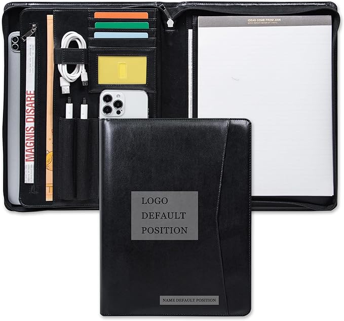 Personalized Leather Portfolio Padfolio with Zipper, Professional Business Portfolio with A4/US letter Writing Pad holder for Resume, Interview, Leather Portfolio for Men and Women, Black, Customized