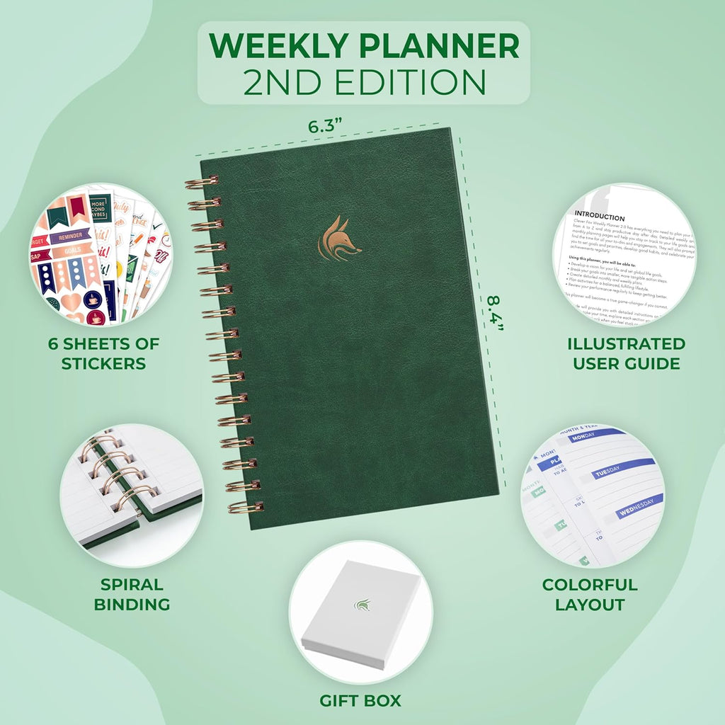 Clever Fox Planner 2nd Edition Spiral – Colorful Weekly & Monthly Goal Planner, Time Management & Productivity Organizer, Undated (Forest Green)