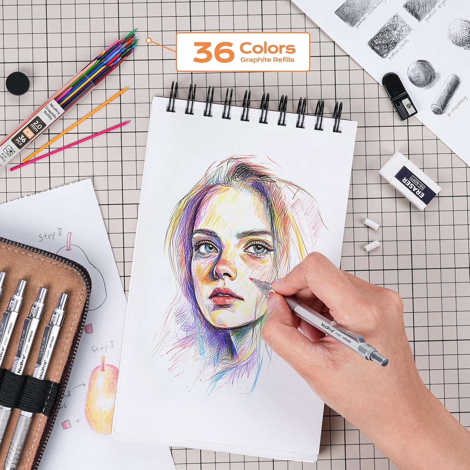 Nicpro 33PCS Metal Mechanical Pencil Set in Leather Case, Art Drafting Pencil 0.3, 0.5, 0.7, 0.9 mm, 2mm Lead Pencil Holders for Sketching Drawing With 18 Tube (6B 4B 2B HB 2H 4H Colors) Lead Refills