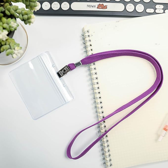 100Pcs Clear Plastic Horizontal Name Tags Badge ID Card Holders and 100Pcs Lanyards with Clip (Purple)