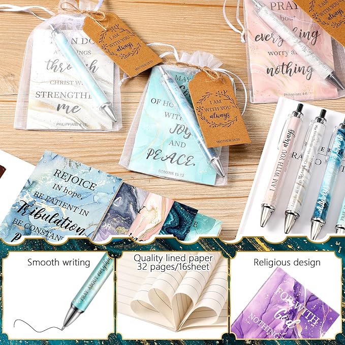 200 Pcs Bible Verse Sets Church Christian Gift Include 50 Scripture Notebooks 50 Bible Bamboo Pens 50 Thanks Tags 50 Organza Bags for Women Man Christian Party Gifts(Elegant Color,Marble)
