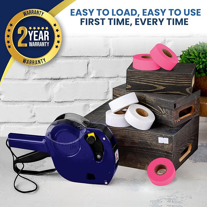Perco Lite 1 Line Price Gun with Labels Kit - Includes 3 White Rolls, 3 Fluorescent Pink Rolls, 2 Ink Rollers, 1 Ink roll and Labels Pre-Loaded