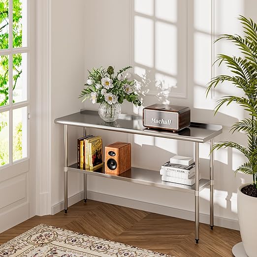 Stainless Steel Table 18 x 60 Inches Metal Prep Table with Backsplash & Adjustable Undershelf for Commercial Kitchen, Outdoor, Restaurant, Hotel & Garage