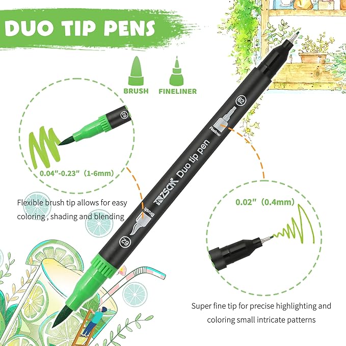 ZSCM 48 Colors Duo Tip Brush Markers Art Pen Set, Artist Fine and Brush Tip Colored Pens, for Adult Coloring Books Christmas Cards Drawing, Note taking Lettering Calligraphy Journaling