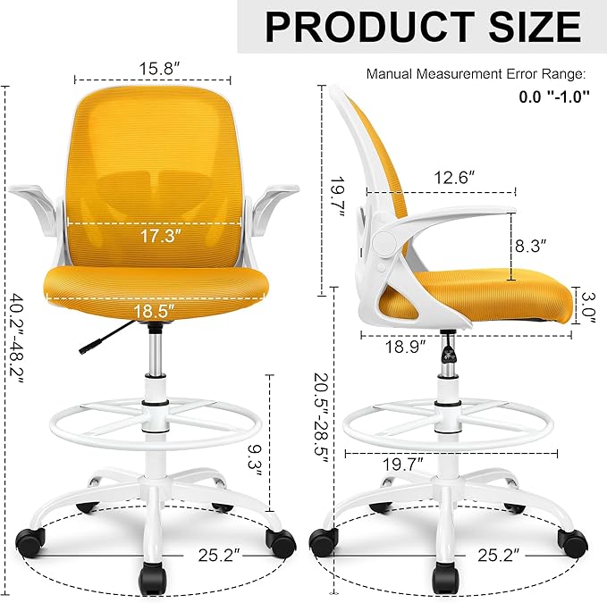 Primy Drafting Chair Tall Office Chair with Flip-up Armrests Executive Ergonomic Computer Standing Desk Chair with Lumbar Support and Adjustable Footrest Ring（Yellow）