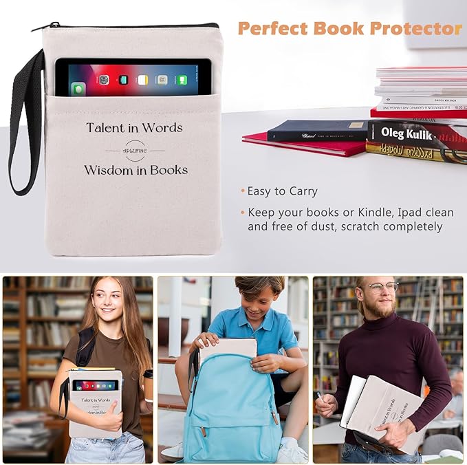Book Sleeve for Book Lovers - Book Covers with Zipper Pockets - Canvas Book Protector for Paperbacks, Softcover - Washablle Book Pouch - Book Carrying Case - Book Carrier- Book Gift