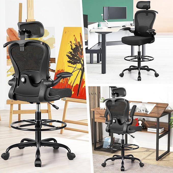Drafting Chair, Tall Office Chair with 3D Lumbar & Head Support, Ergonomic Mesh Standing Desk Chair with Footring, Comfy Extended High Desk Chair with Flip-Up Arms & Hanger (Black)