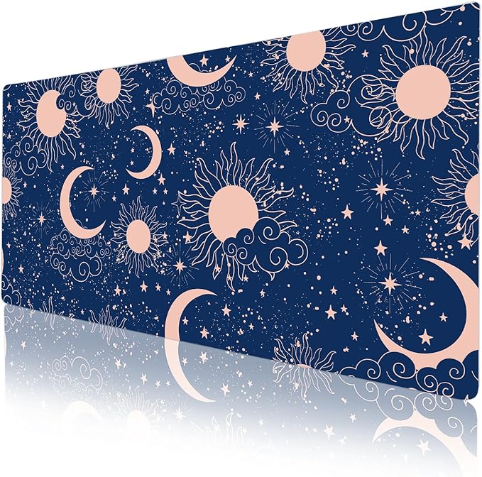 Colorful Star Starry Sky Large Desk Pad, Celestial Moon and Sun Extended Gaming Mouse Pad Non-Slip Desk Mat, Leather Blue Keyboard Mat for Desktop Gaming Accessories 31.5"x15.7"