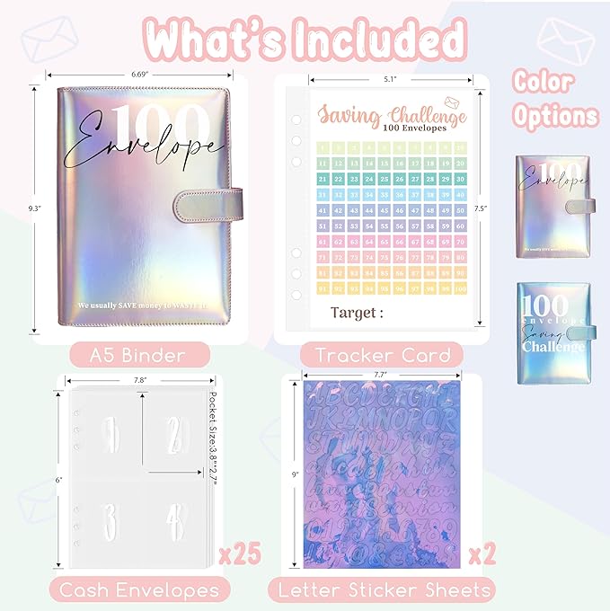 Axolotl 100 Envelopes Money Saving Challenge Binder, A5 Savings Budget Challenges Binders with Cash Envelopes, 100 Days Envelope Saving Binder Book, Budget Planner (Laser Silver)