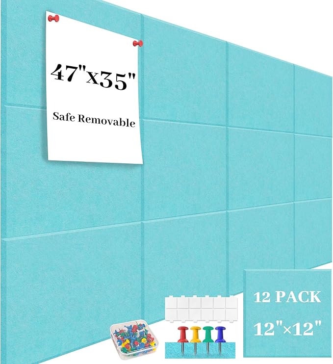 Felt Bulletin Board Felt Wall Tiles 12 Pack- 47"x35" Large Cork Board/Cork Tiles Alternative Safe Removable Felt Boards for Walls Felt Board for Office Felt Pin Board Baby Blue