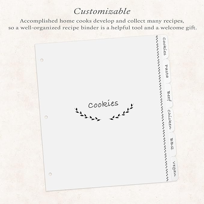 Jot & Mark Recipe Binder Tab Dividers with Blank Labels | 6 Customizable Organizer Dividers for 8.5" x 11" 3-Ring Binders (Black & White)