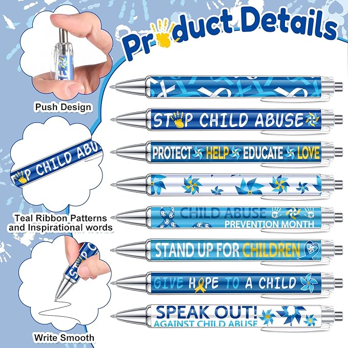 48 Pcs Child Abuse Awareness Pens Blue Ribbon Pinwheel Ballpoint Pens Bulk Child Abuse Prevention Awareness Pens for Love Support Events Charity Abuse Prevention Awareness Month