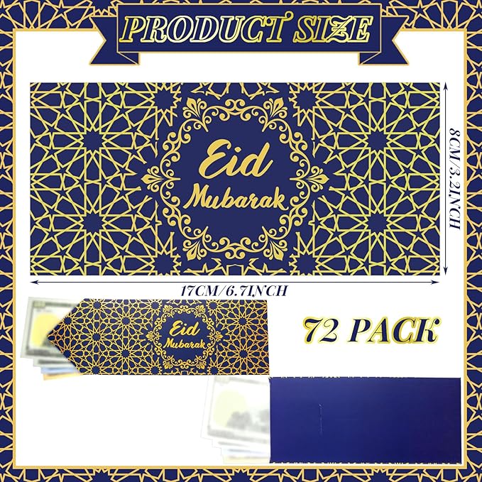Sinmoe 72 Pcs Eid Al Adha Money Envelopes Bulk 6.7 x 3.2 inch Gold Foil Cash Gift Card Ramadan Lucky Cash Envelope Cash Set for Eid Holiday Currency Celebration Decorations (Blue)