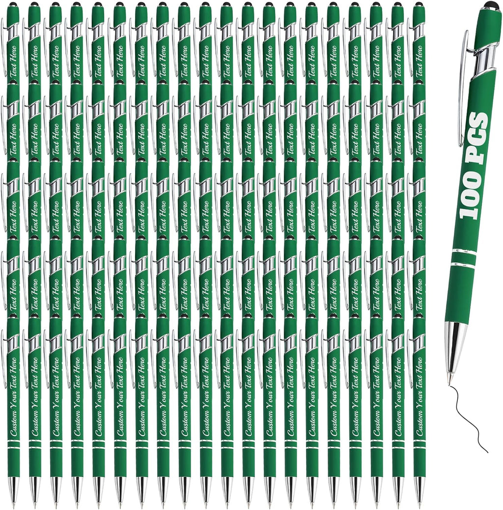 Personalized Pens Bulk 100 with Name Custom Engraving Ballpoint Pens with Stylus Tip Customized Smooth Writing Pens Personalized Gifts for Anniversary Birthday or Graduation(Dark Green,Black Ink)