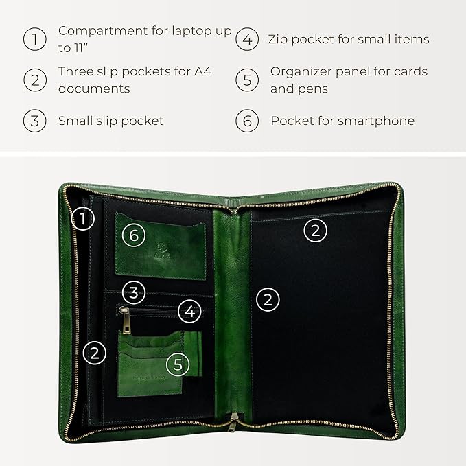 Time Resistance Leather Portfolio - A4 Document Folder - Padfolio - Italian Handcrafted Organizer Folio - Gift Box Included