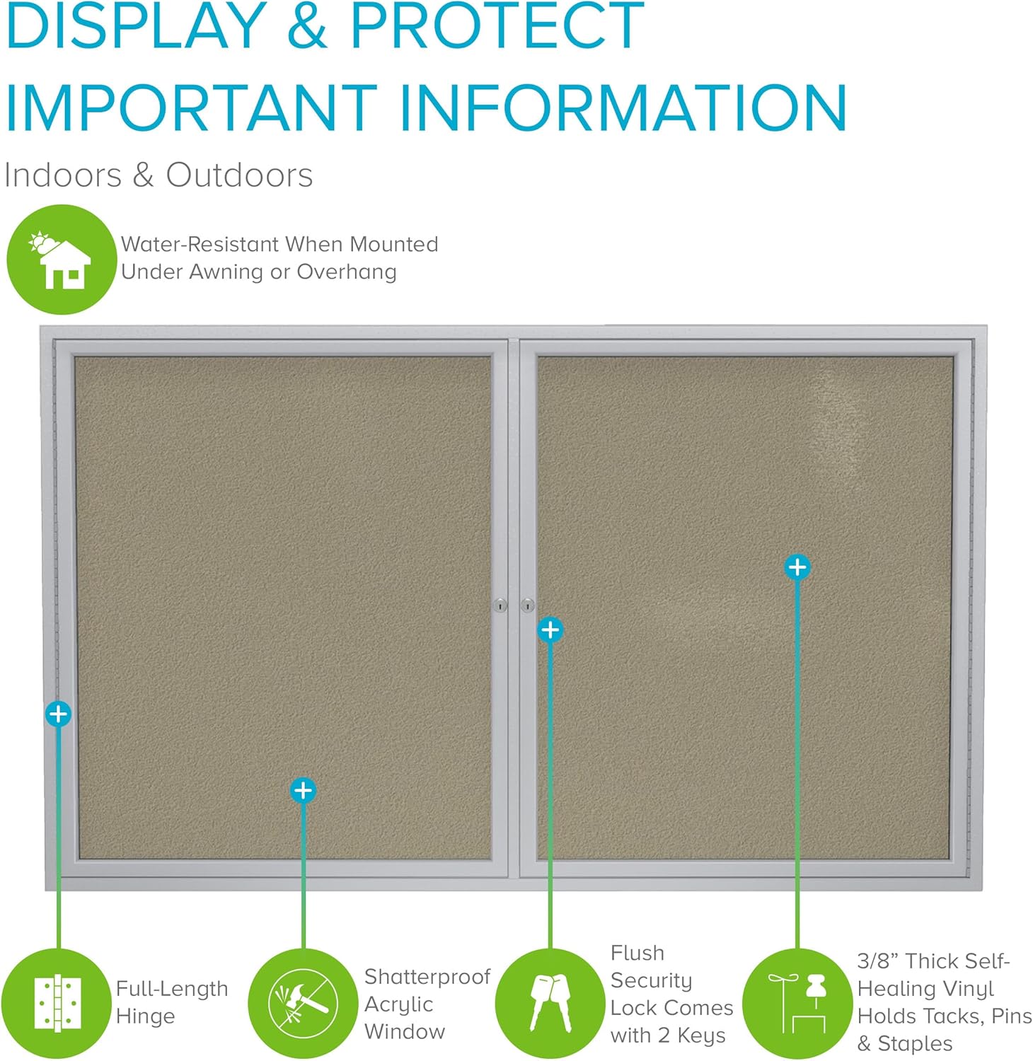 Ghent 36"x48" 2-Door Outdoor Enclosed Vinyl Bulletin Board, Shatter Resistant, with Lock, Satin Aluminum Frame - Caramel (PA23648VX-181), Made in the USA