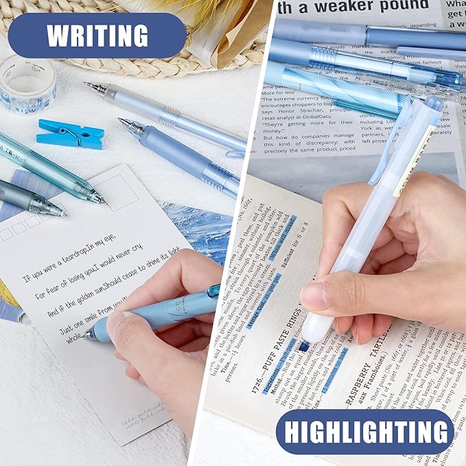 Four Candies 12Pack Pastel Gel Ink Pen Set, 11 Pack Black Ink Pens with 1Pack Highlighter for Writing, Retractable 0.5mm Fine Point Cute Note Taking Pens for School Office (Blue)