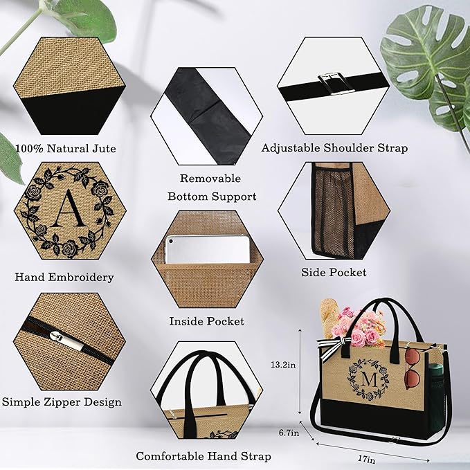 YOOLIFE Christmas Gifts for Women - Initial Jute Tote Bag & Makeup Bag, Birthday Gifts for Women Her Mom Teacher Friend