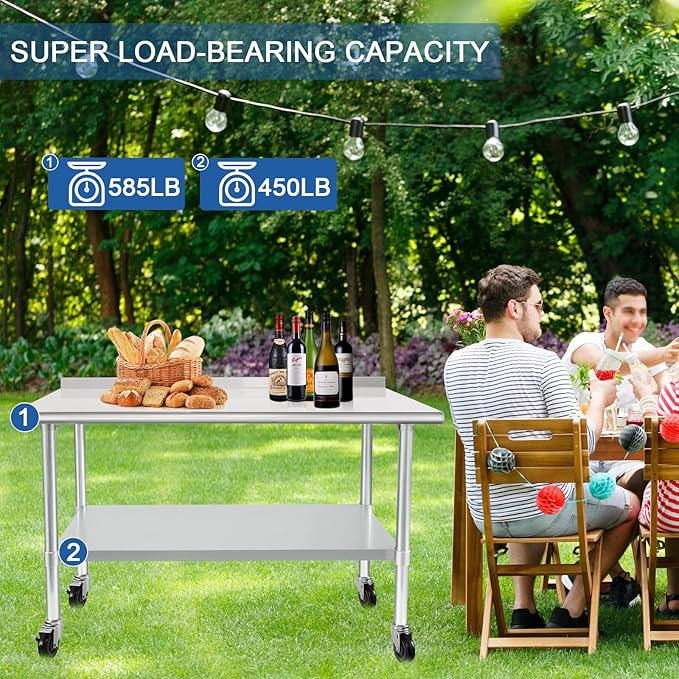 HARDURA Stainless Steel Table 30 x 48 Inches with Wheels Casters NSF Heavy Duty Commercial Prep Table with 2” Backsplash and Adjustable Undershelf for Restaurant Kitchen Home and Hotel