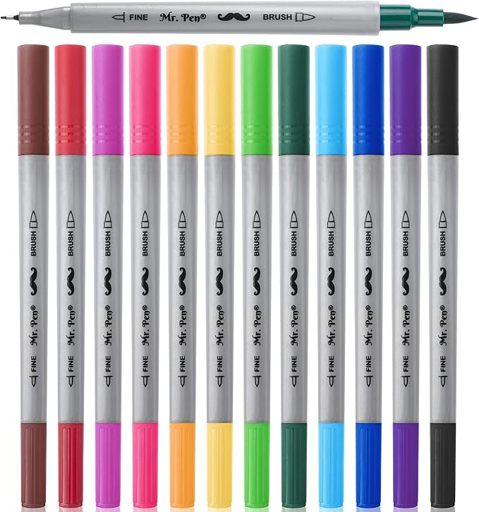 Mr. Pen- Dual Tip Brush Pens, 12 Colors, Art Markers for Kids Adults Coloring