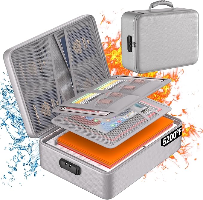 DocSafe 5200°F Document Organizer with Lock,Upgraded Heat Insulated Fireproof＆Waterproof Box 8 Layers File Organizer,Portable Home Travel Safe Storage for Important Documents, Files,Silver (Soft)