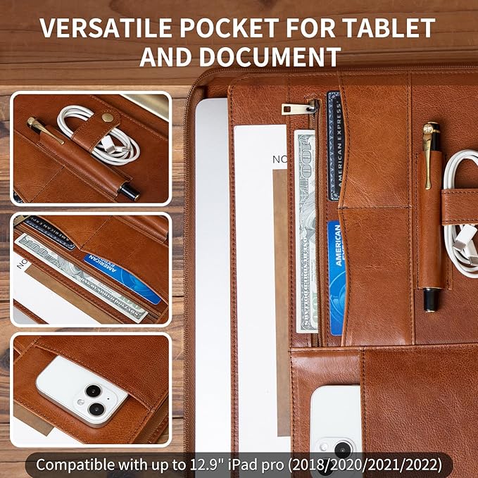 YIWEN Handmade Crazy-Horse Leather 3 Ring Binder Portfolio Padfolio Folder with Zipper for Men and Women, Business Organizer for Letter A4 Size for Meeting and Travel (Non-custom, Oil Wax-brown)