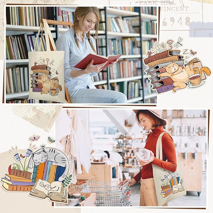 Sweetude 8 Pack Christmas Book Club Gifts Book Lovers Tote Bag Bulk Bookish Canvas bag Librarian Readers Gifts for Women(Cat)