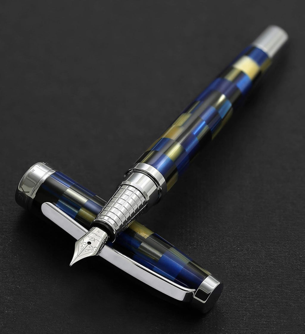 Xezo Urbanite Fountain Pen, Medium Nib. Retro Blue, Black, and Cream Colors with Chrome Plating. Limited Edition and Serialized. No Two Alike