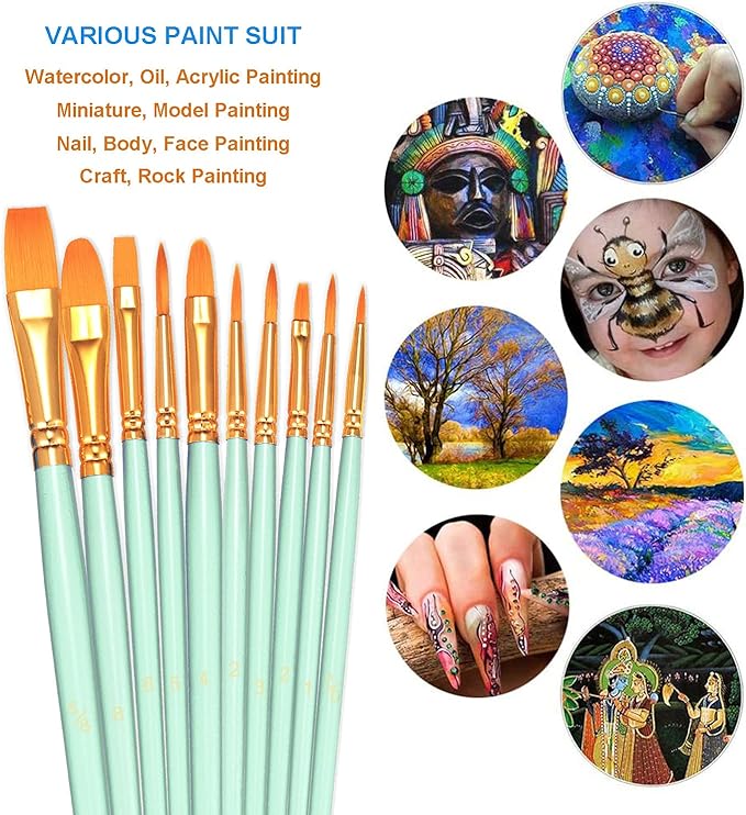 BOSOBO Paint Brushes Set, 10 Pack 100 Pcs Round Pointed Tip Paintbrushes Nylon Hair Artist Acrylic Paint Brushes for Acrylic Oil Watercolor, Face Nail Art, Miniature Detailing & Rock Painting, Green