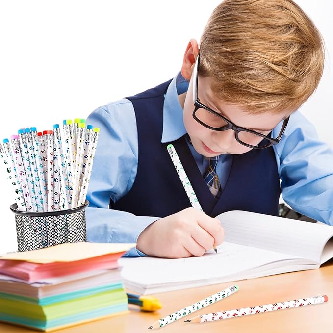 Chinco 100 Pcs Paw Print Pencils Dog Paw Wooden Writing Novelty Pencils with Erasers for Kids Doggy Party Favors Welcome Back to School Party Supplies, 6 Colors