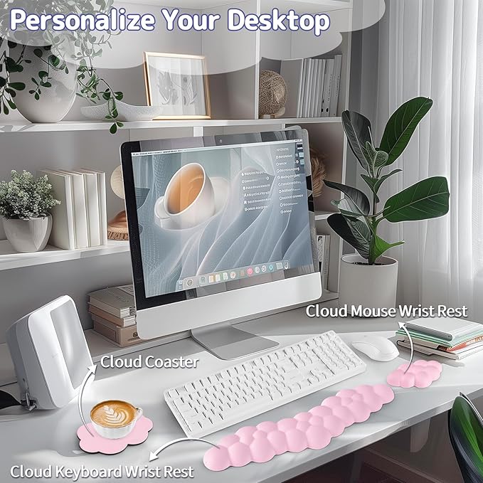 Cloud Wrist Rest Keyboard, Cloud Palm Rest Set with PU Leather Memory Foam, Cute Keyboard Rest for Wrist Support and Arm Rest, Desk Cloud Wrist Pad for PC/Gaming/Hand Cushion/Computer-Pink