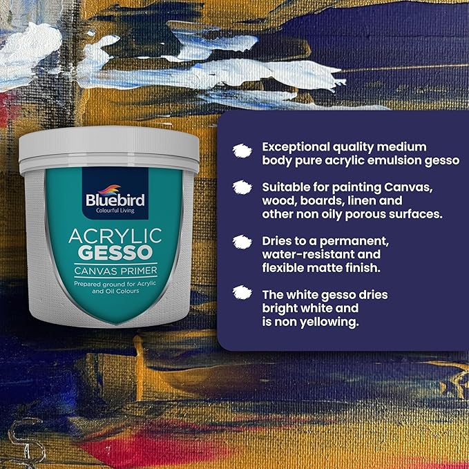 Bluebird Heavy Gesso Primer for Acrylic Painting, White, 513ML / 28.2Oz Full Tub, Gesso Surface Prep Medium For Acrylic Paint and Oil Paint