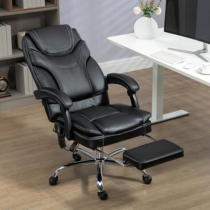 Vinsetto PU Leather Vibration Massage Office Chair with 6 Points, Heated Reclining Computer Chair with Adjustable Height, Footrest - Black