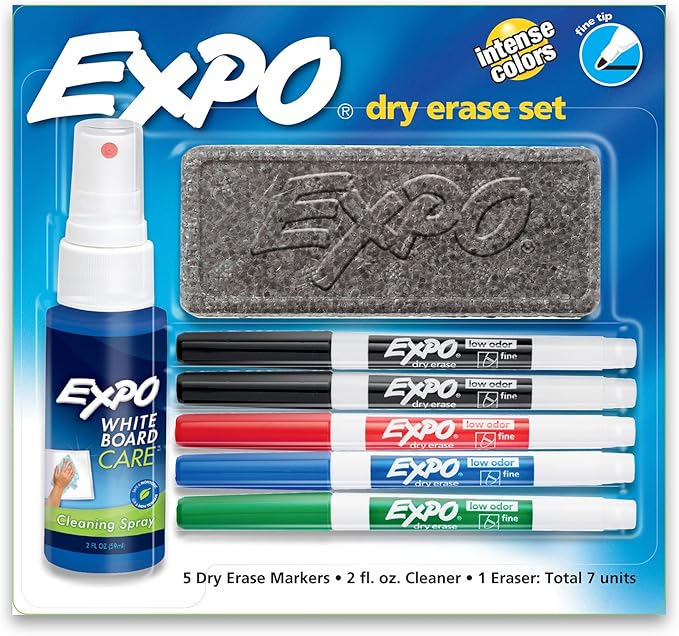 EXPO Low Odor Dry Erase Marker Set with White Board Eraser and Cleaner, Fine Tip Dry Erase Markers, Assorted Colors, 7 Piece Set with Whiteboard Cleaner