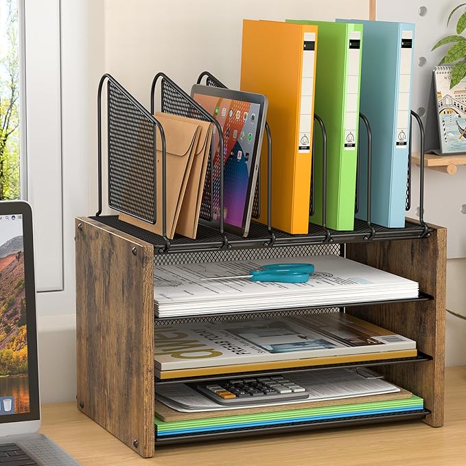 4-Tier Desk Organizer, Desk File Organizer with 5 Vertical File Holders, Office Desktop Organizer with 3 Level Paper Organizer Letter Tray, Wooden Desk Organizers and Accessories for Home Office