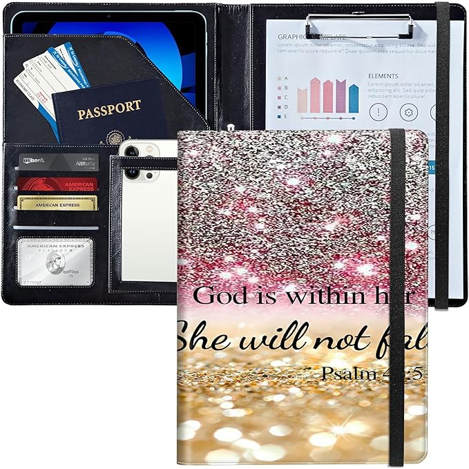 PU Leather Padfolio Folder Clipboard Portfolios Organizer Conference Document Organizer with Business Card Holder Storage Clipboard Writing Pad,Christian Bible Psalm 46-5