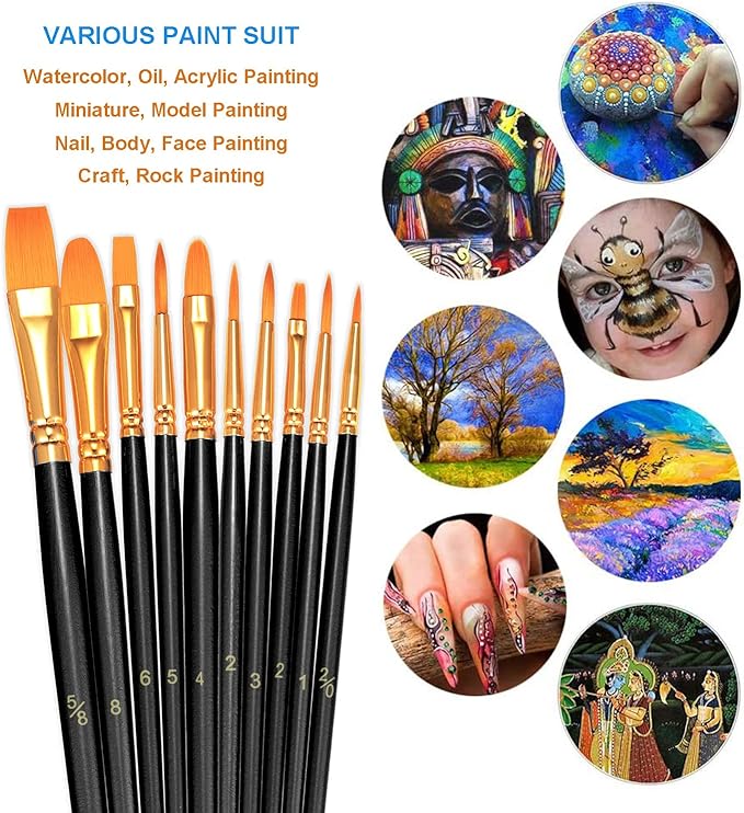 BOSOBO Paint Brushes Set, 2 Pack 20 Pcs Round Pointed Tip Nylon Hair Artist Acrylic Paint Brushes for Acrylic Oil Watercolor, Face Nail Art, Miniature Detailing & Rock Painting, Black