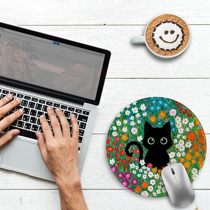 Gctriki Anime Black Cat Mouse Pad 8.6 x 8.6 Inch, Funny Round Mousepad for Gaming Laptop Computer, with Stitched Edge Non-Slip Rubber Base, Cute Cat Flower Home Office Decor Desk Accessories