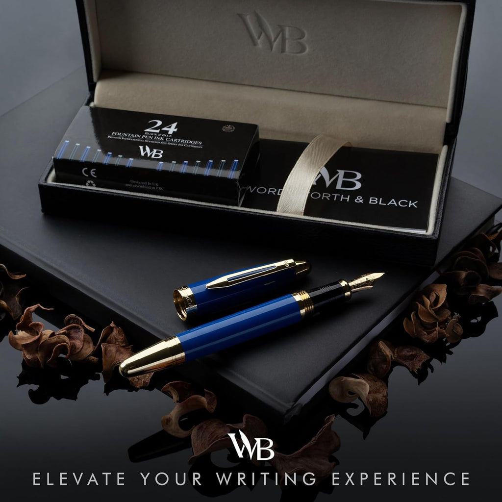 Wordsworth & Black Majesti Fountain Pen-(Blue), Luxury Case, 24K Gold Finish; 18K Gilded Medium Nib- Ink Cartridges, Refillable Ink Converter-Calligraphy Pen-Best Business Gift Set for Men & Women