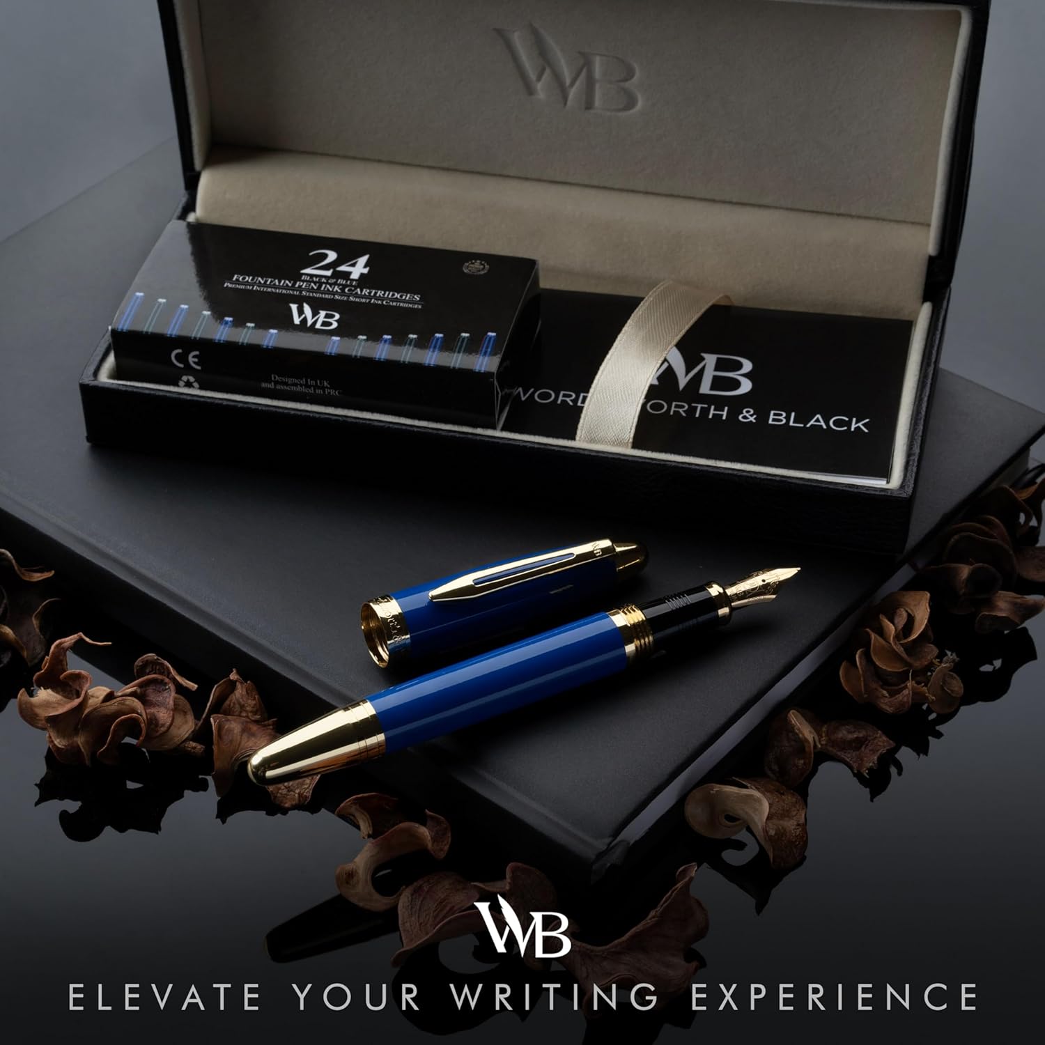 Wordsworth & Black Majesti Fountain Pen-(Blue), Luxury Case, 24K Gold Finish; 18K Gilded Medium Nib- Ink Cartridges, Refillable Ink Converter-Calligraphy Pen-Best Business Gift Set for Men & Women