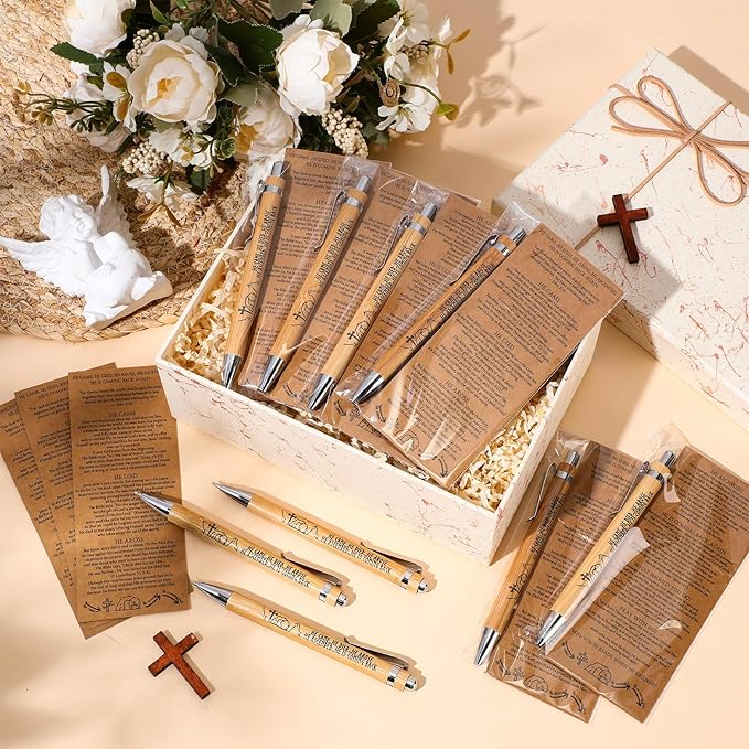 50 Sets Religious Bible Verse Gifts Bulk Christian Bookmarks Inspirational Bamboo Pens Easter Gifts for Men Women Sunday School Church Activities