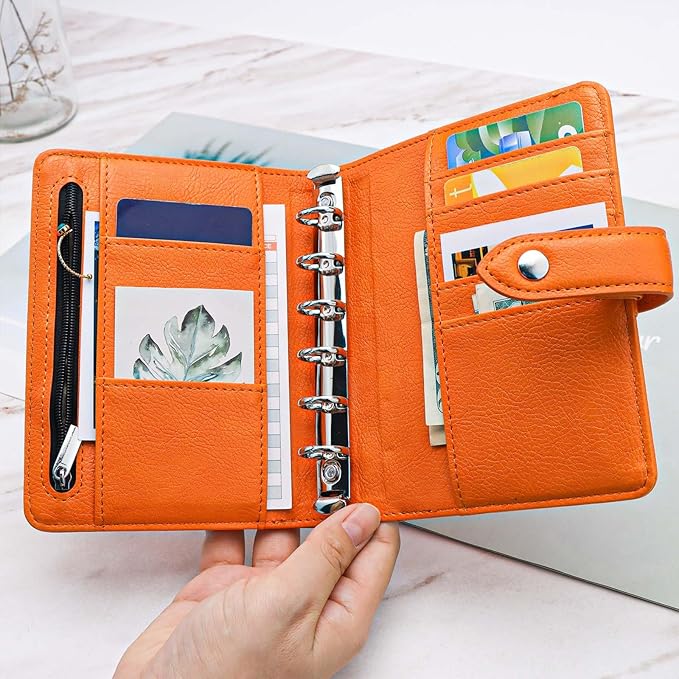 Mogoostry A7 Binder Cover Savings Binder Wallet Leather Binder Folder 6-Ring Refillable Notebook Binder Planner Cover Hardcover Budget Binder Organizer (Orange)
