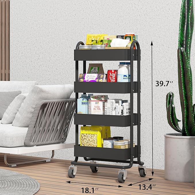 4-Tier Black Rolling Cart,Metal Rolling Utility Cart with Handle,Multifunction Rolling Carts with Wheels,Kitchen Storage Carts Suitable for Office,Home,Kitchen,Garden（13.4"x18.1"x40"） Black
