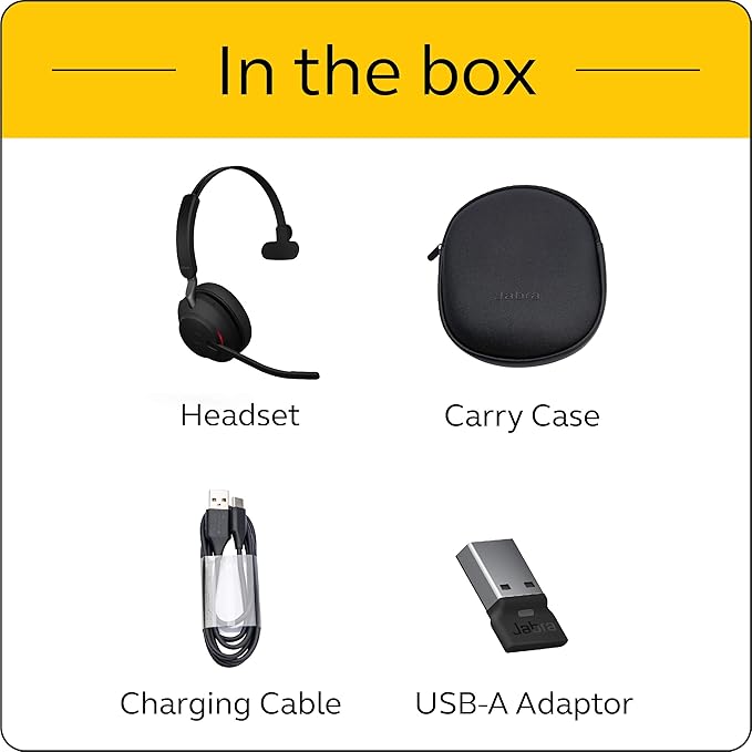 Jabra Evolve2 65 UC Wireless Headset with Link380a, Mono, Black – Wireless Bluetooth Headset for Calls and Music, 37 Hours of Battery Life, Passive Noise Cancelling Headphones