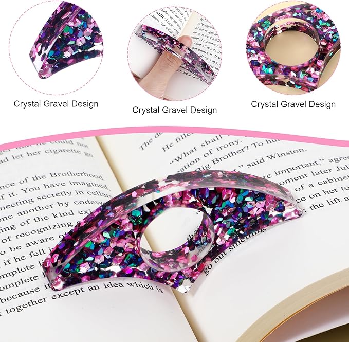 Rhinestones Book Page Holder, Glitter Crystal Thumb Book Holder, Sector Resin Book Opener Handmade Thumb Bookmarks Reading Accessories for Birthday Party Wedding Gifts(Purple Green)