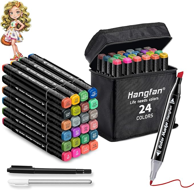 24 Colors Coloring,Markers for Kids,Dual Brush Tip Markers,Give 1 White Highlighter,1 Tracing Pen,Drawing, Sketching, Card Making and Illustration (Black Pen Container)