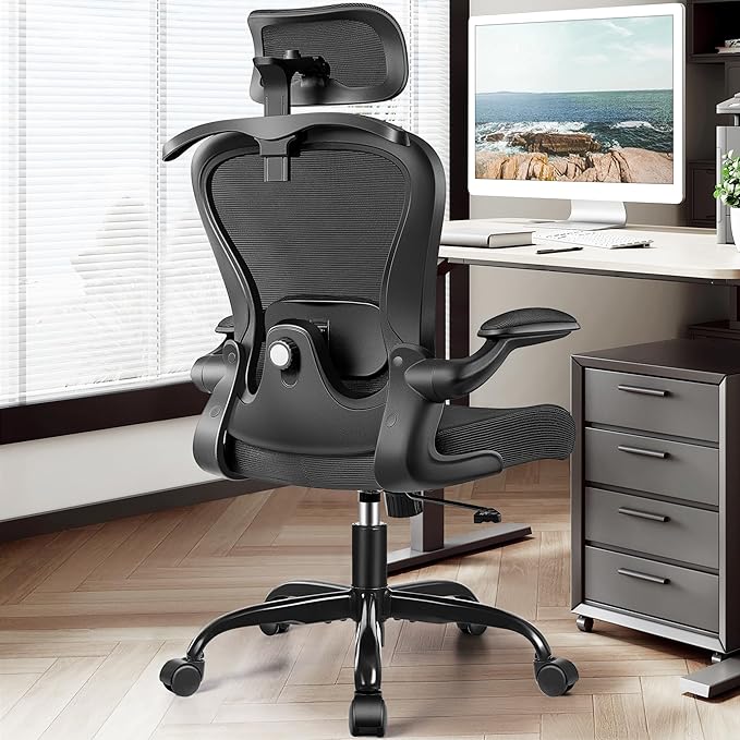 Office Chair, Ergonomic Office Chair with 3D Lumbar Support 3D Headrest, Comfy High Back Home Desk Chairs, Breathable Mesh Computer Chairs with Flip-Up Armrests & Hanger(Black)