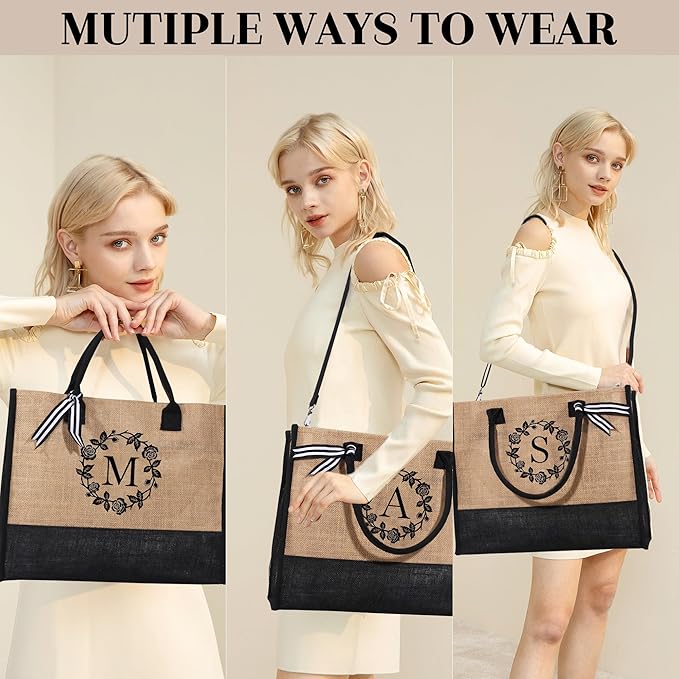 YOOLIFE Christmas Gifts for Women - Initial Jute Tote Bag & Makeup Bag, Birthday Gifts for Women Her Mom Teacher Friend